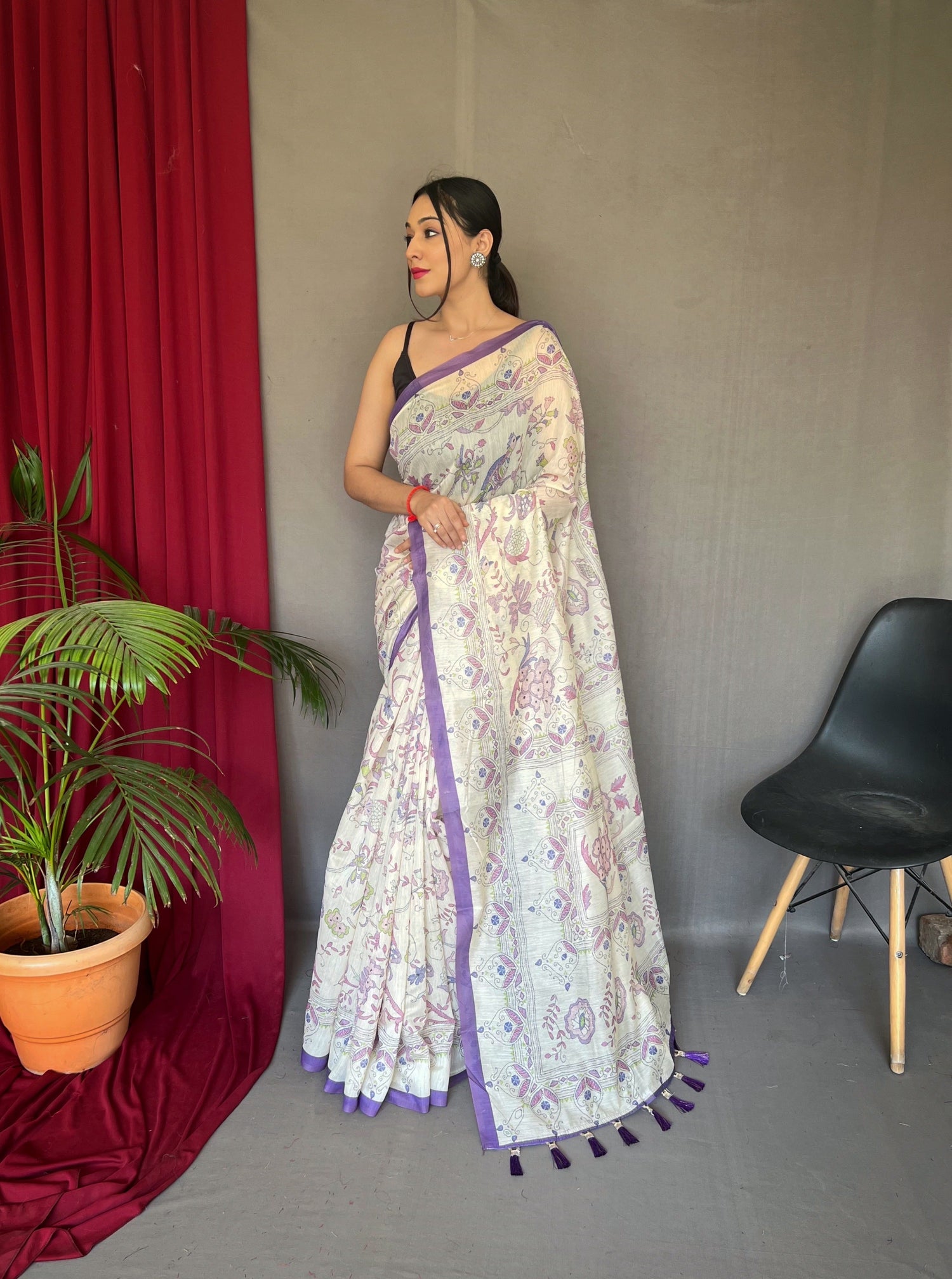 1 Min Ready to Wear Purple Cotton Katha Printed Saree