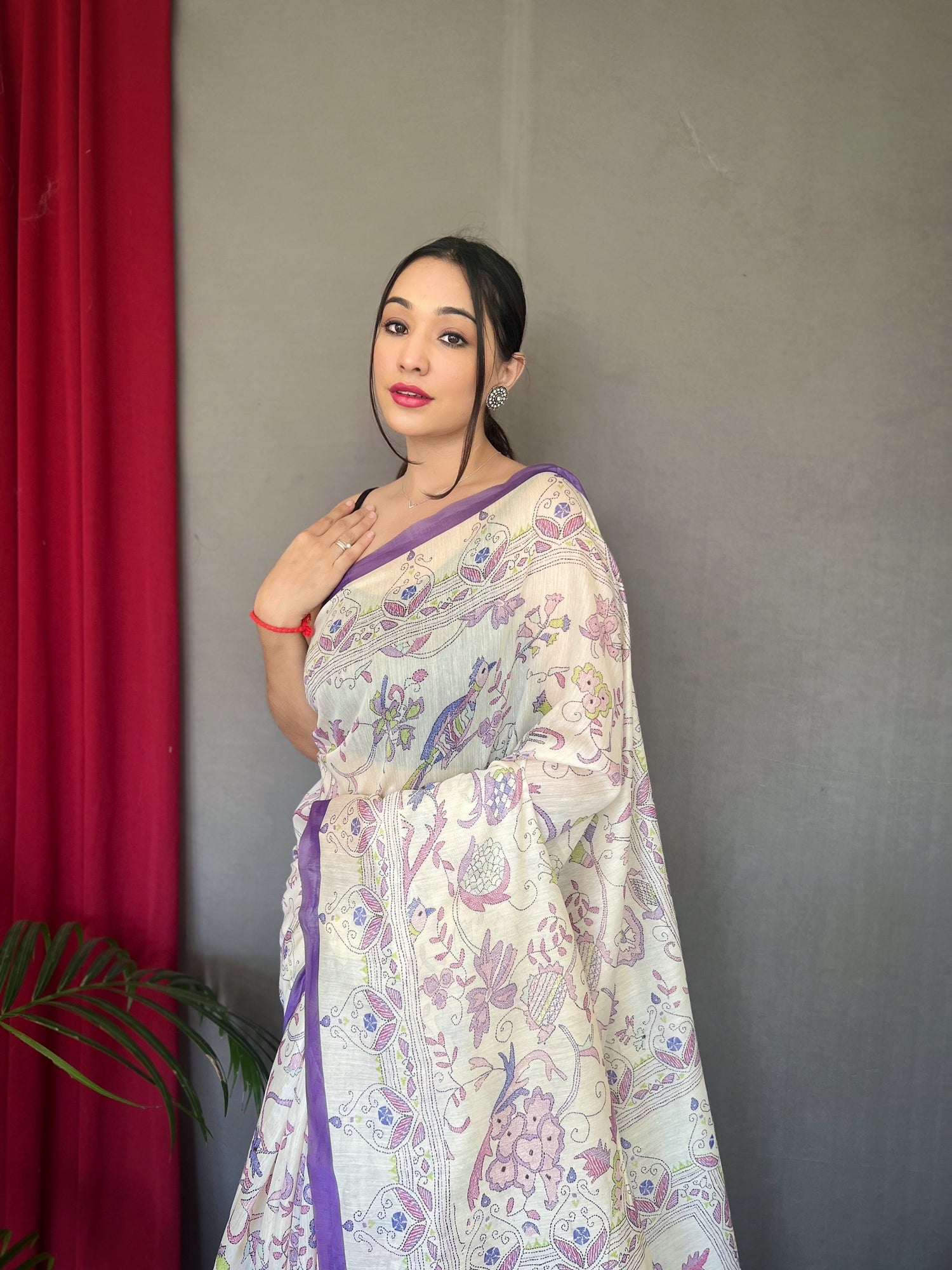 1 Min Ready to Wear Purple Cotton Katha Printed Saree