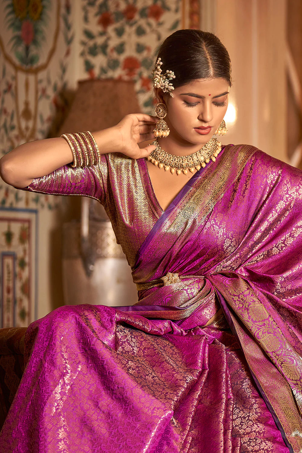 Burnt Pink Veena Kanjivaram Silk Saree