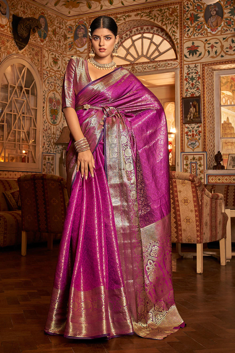 Burnt Pink Veena Kanjivaram Silk Saree