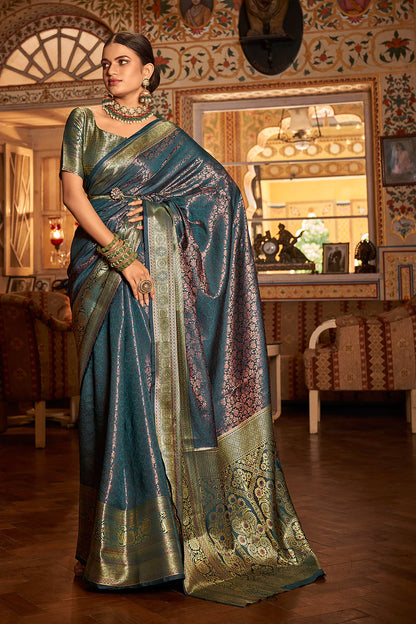 Bluish Cyan Veena Kanjivaram Silk Saree