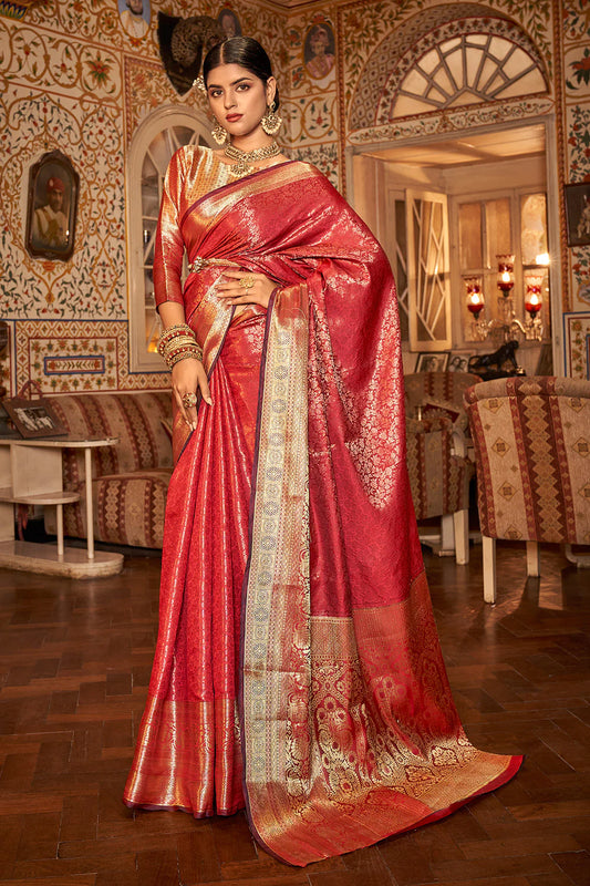 Rich Red Veena Kanjivaram Silk Saree