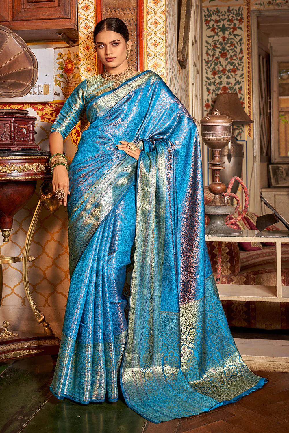 Water Blue Veena Kanjivaram Silk Saree