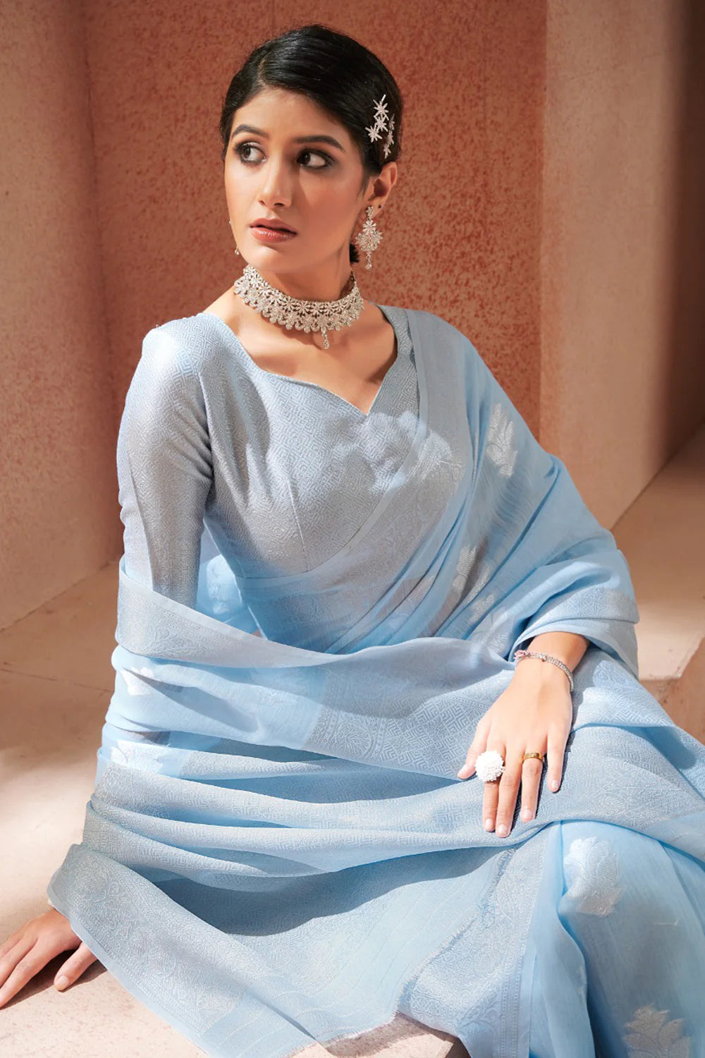 SkyBlue Heer Linen Silk Saree