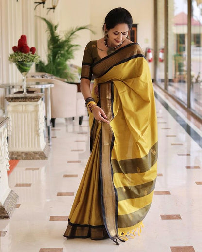 Radiant Yellow-Black Banarasi Silk Saree with Exquisite Jacquard Detailing and Elegant Border-RITIKA