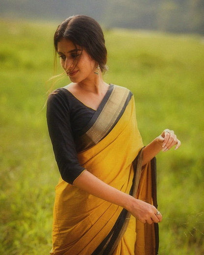 Elegant Yellow-Black Soft Banarasi Silk Saree with Intricate Jacquard Work and Rich Border-RITIKA