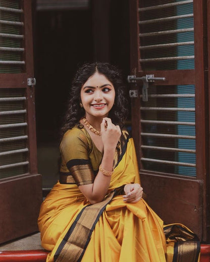 Stunning Yellow-Black Banarasi Silk Saree with Exquisite Jacquard Detailing and Rich Border-RITIKA