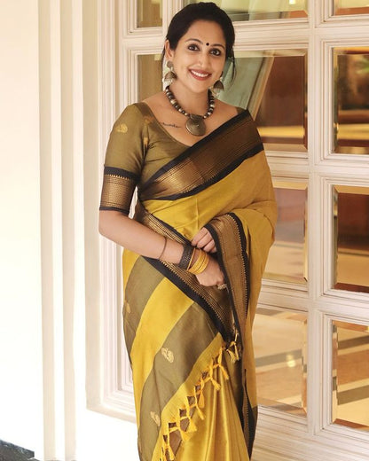 Radiant Yellow-Black Banarasi Silk Saree with Exquisite Jacquard Detailing and Elegant Border-RITIKA