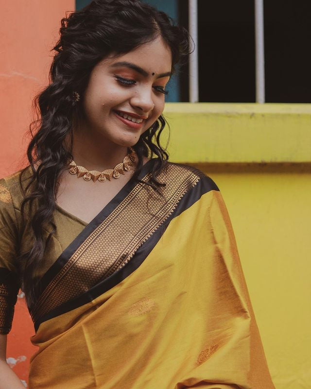 Stunning Yellow-Black Banarasi Silk Saree with Exquisite Jacquard Detailing and Rich Border-RITIKA