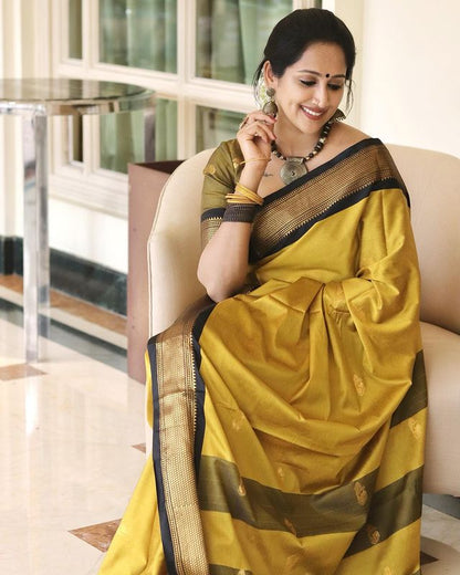 Radiant Yellow-Black Banarasi Silk Saree with Exquisite Jacquard Detailing and Elegant Border-RITIKA