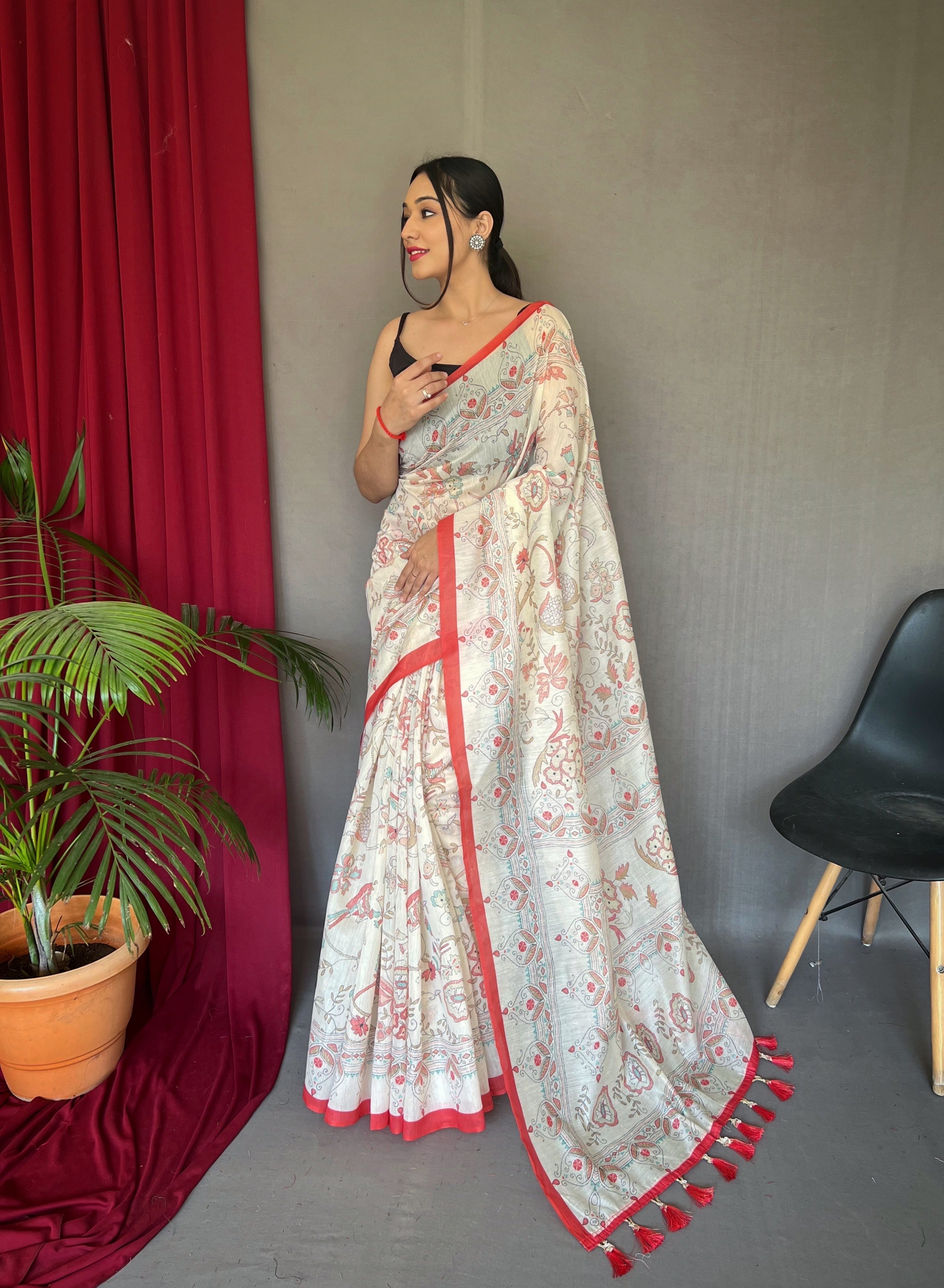 One Minute Ready to Wear Red Cotton Katha Printed Saree