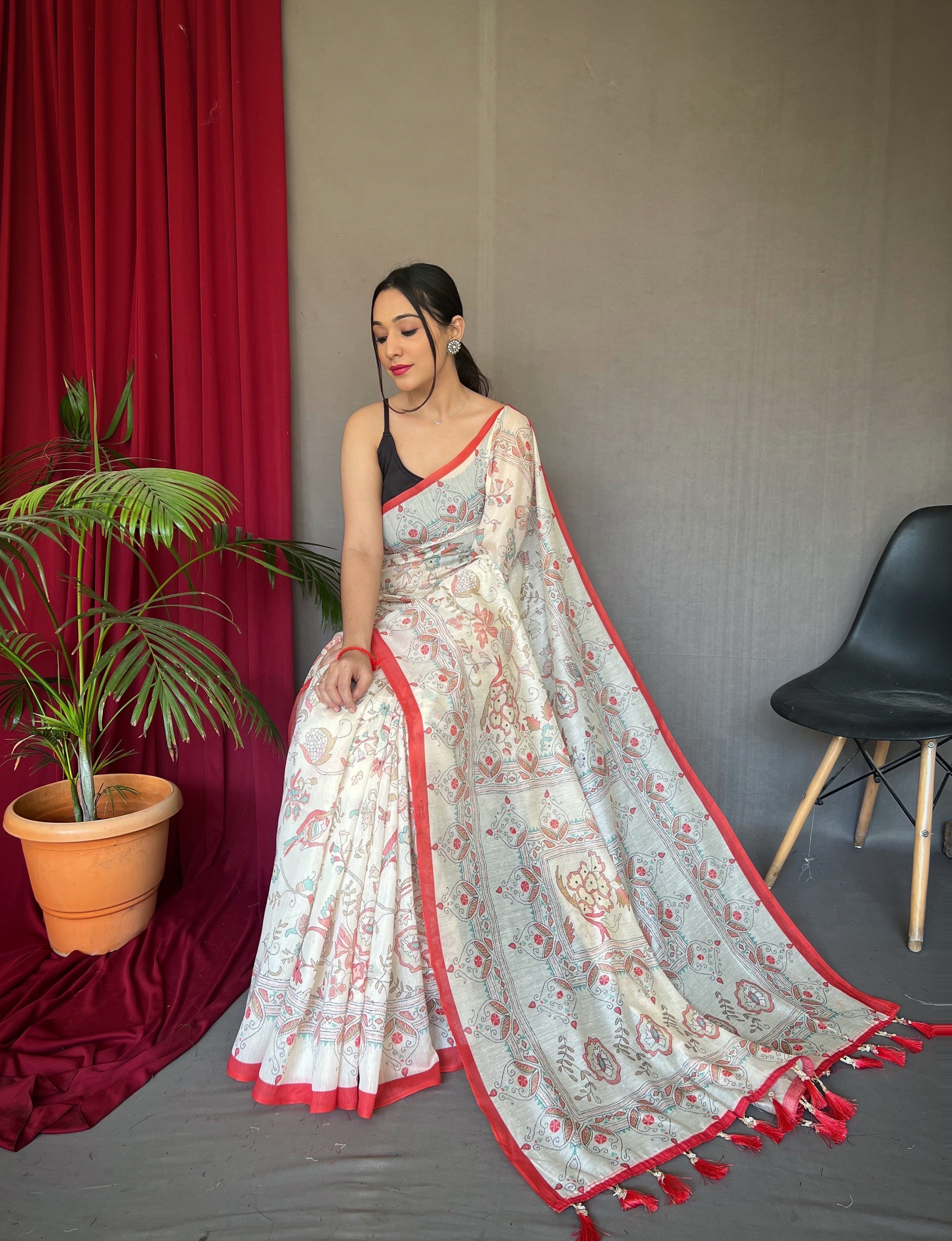 One Minute Ready to Wear Red Cotton Katha Printed Saree