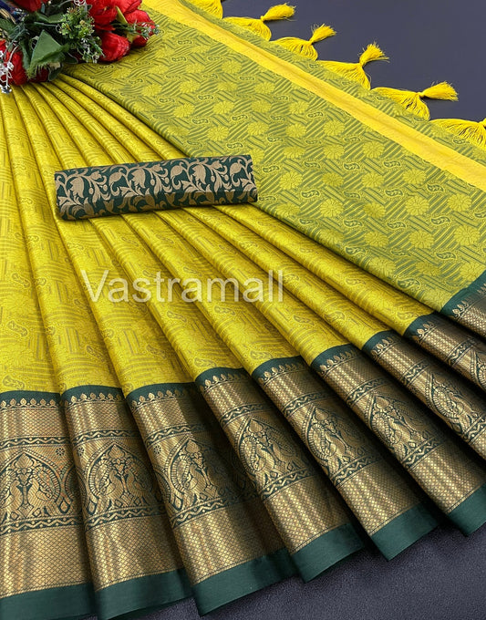 Rubina Lemon Green Cotton Silk Saree