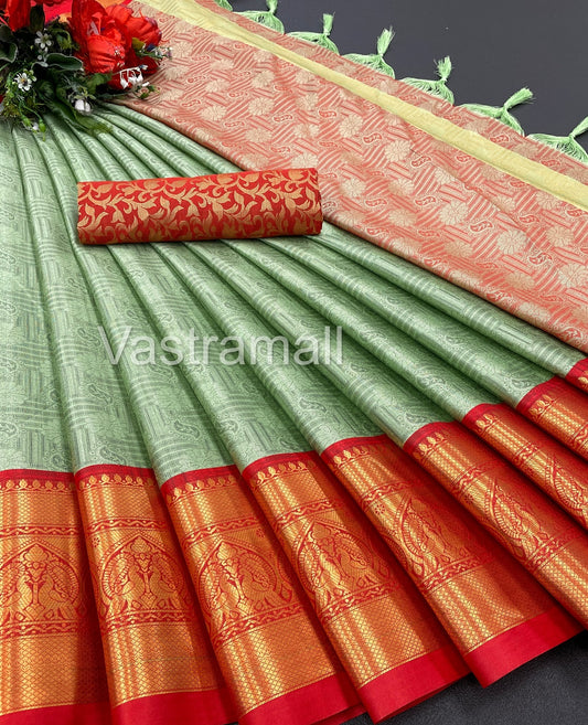 Rubina Pista Red Cotton Silk Saree