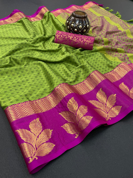 Kriva Parrot Green Cotton Silk Saree