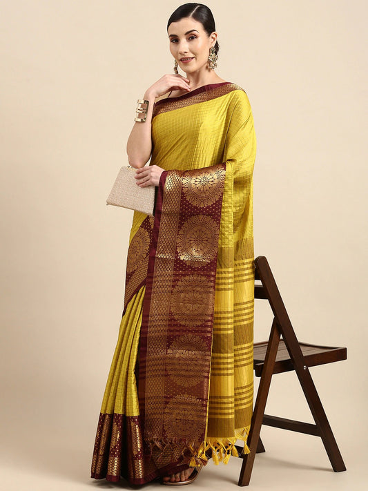 Shahana Yellow Maroon Cotton Silk Saree