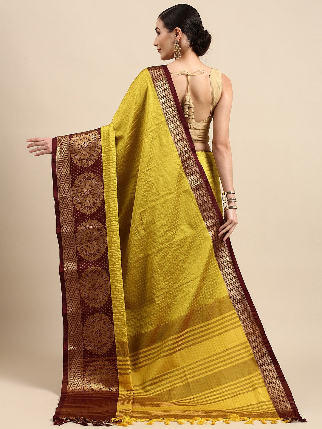 Shahana Yellow Maroon Cotton Silk Saree