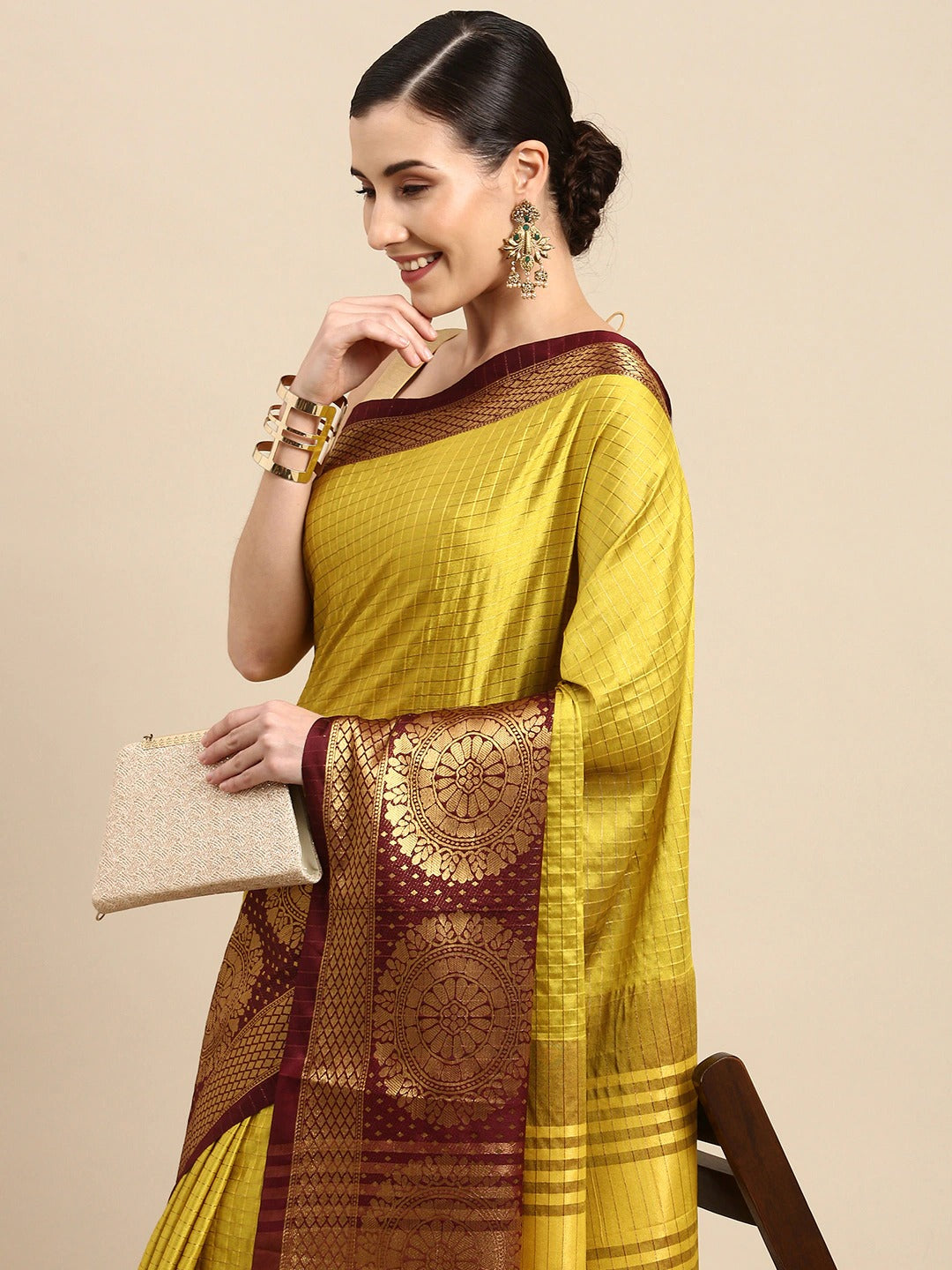 Shahana Yellow Maroon Cotton Silk Saree