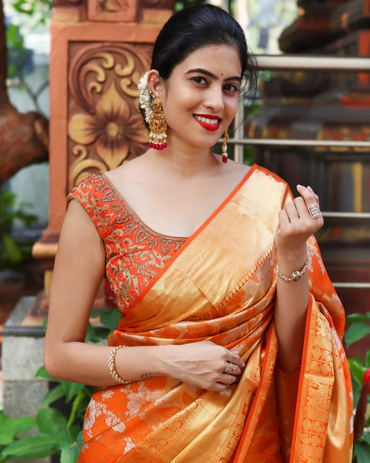 Soniya Orange Kanchipuram Saree With Attractive Blouse