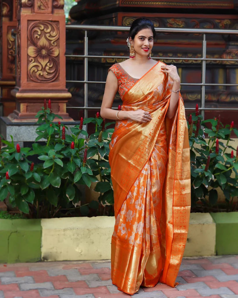 Soniya Orange Kanchipuram Saree With Attractive Blouse