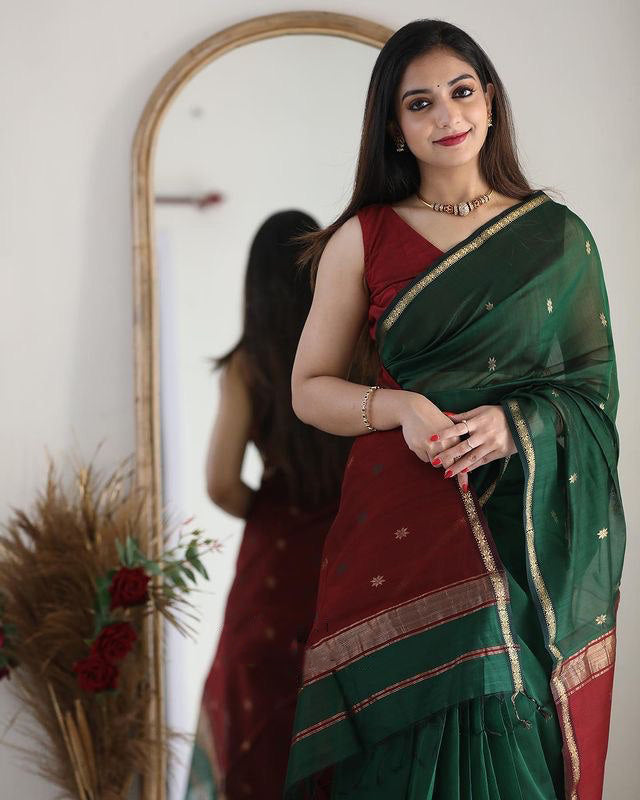 Stuti Green-Red Cotton Silk Saree