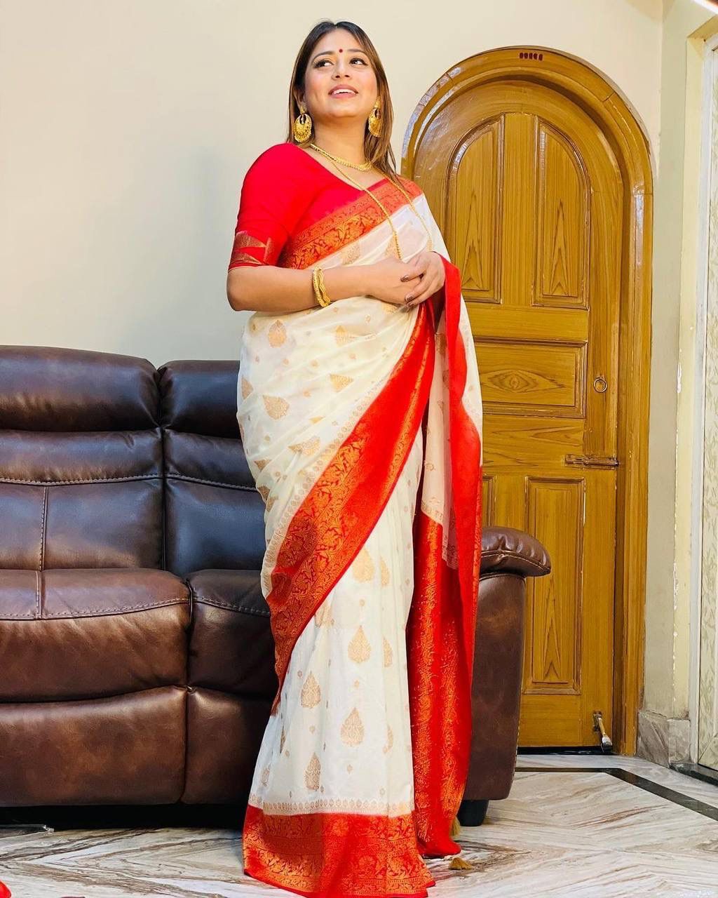 Sreemati - White Silk Saree with Golden Zari Motifs and Red Border