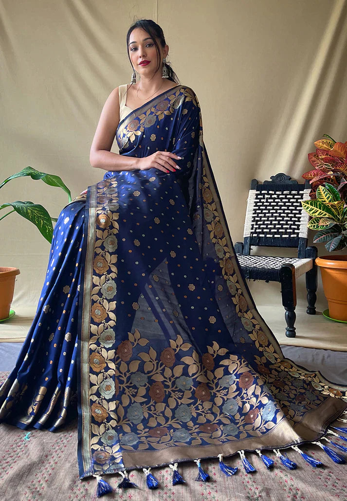 1 MIN Ready To Wear Navy Blue Suhani Banarasi Silk Zari Woven Saree