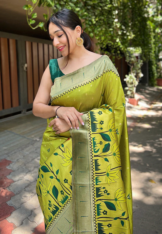 Avocado Green Titli Royal Paithani Silk Zari Woven Saree