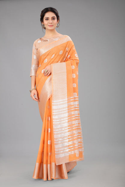 Tangerineorange-Colored Cotton Silk Saree Set Complete with Matching Blouse