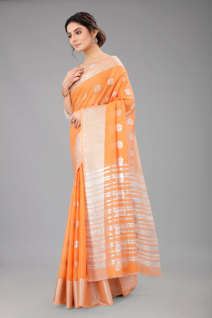 Tangerineorange-Colored Cotton Silk Saree Set Complete with Matching Blouse