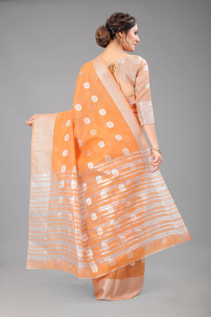 Tangerineorange-Colored Cotton Silk Saree Set Complete with Matching Blouse