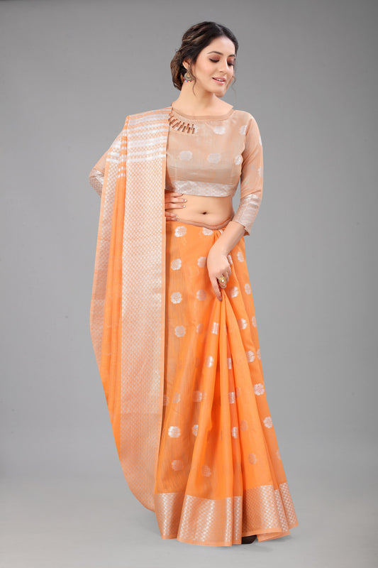 Tangerineorange-Colored Cotton Silk Saree Set Complete with Matching Blouse