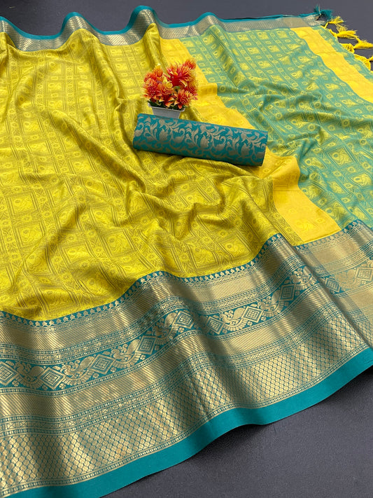 Krisha Yellow Blue Cotton Silk Saree