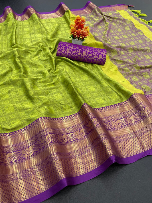 Krisha Parrot Green Cotton Silk Saree