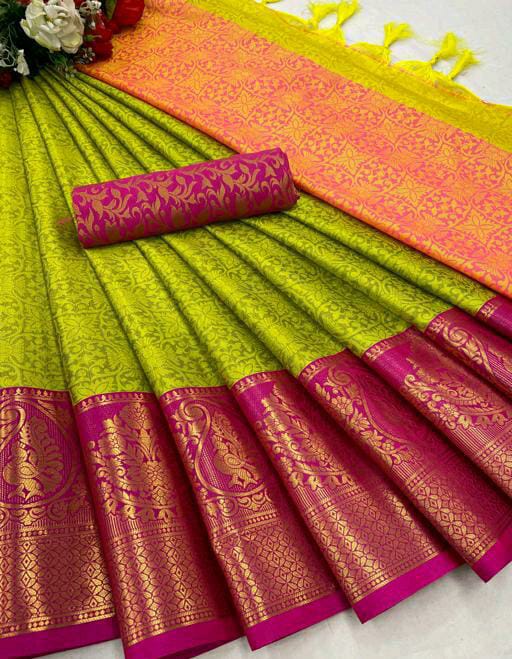 Yashvi Parrot Green Cotton Silk Saree