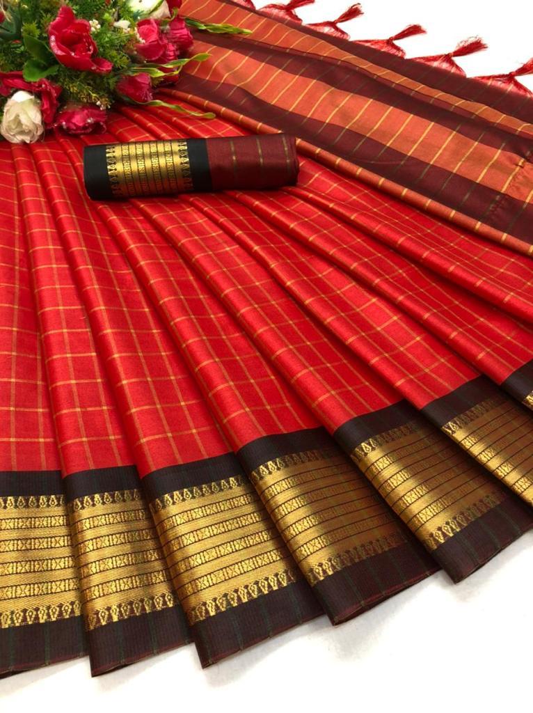 Nisha Red Cotton Silk Saree