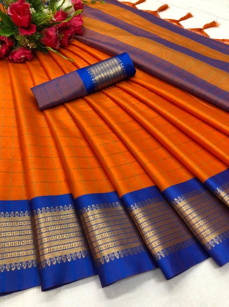 Nisha Orange Cotton Silk Saree