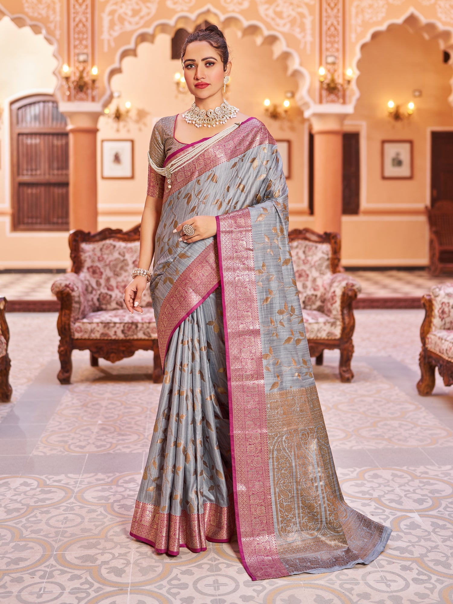 Grey Soha Banarasi Silk Saree