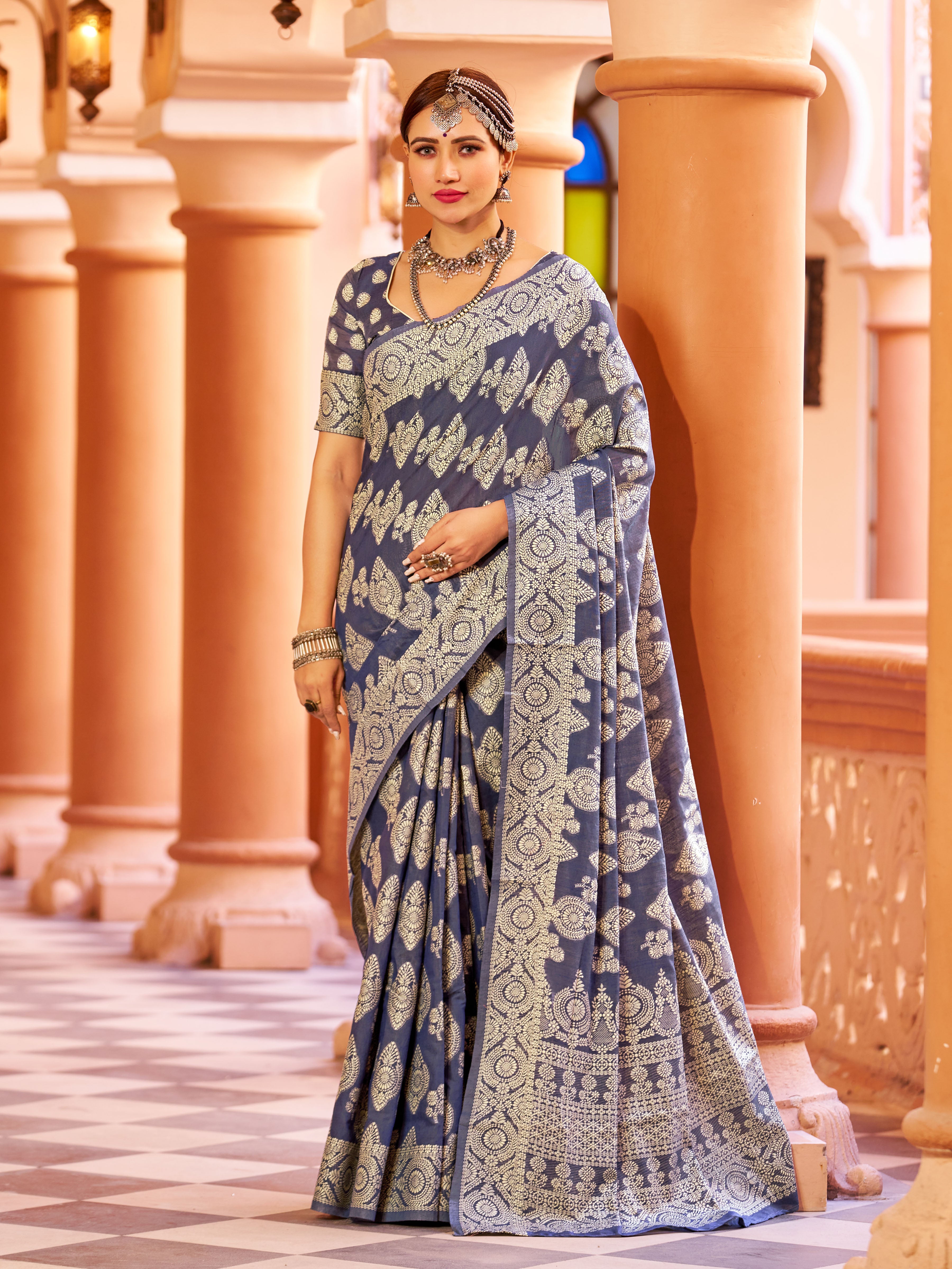 Light Blue Aakshi Lucknowi Cotton Silk Saree