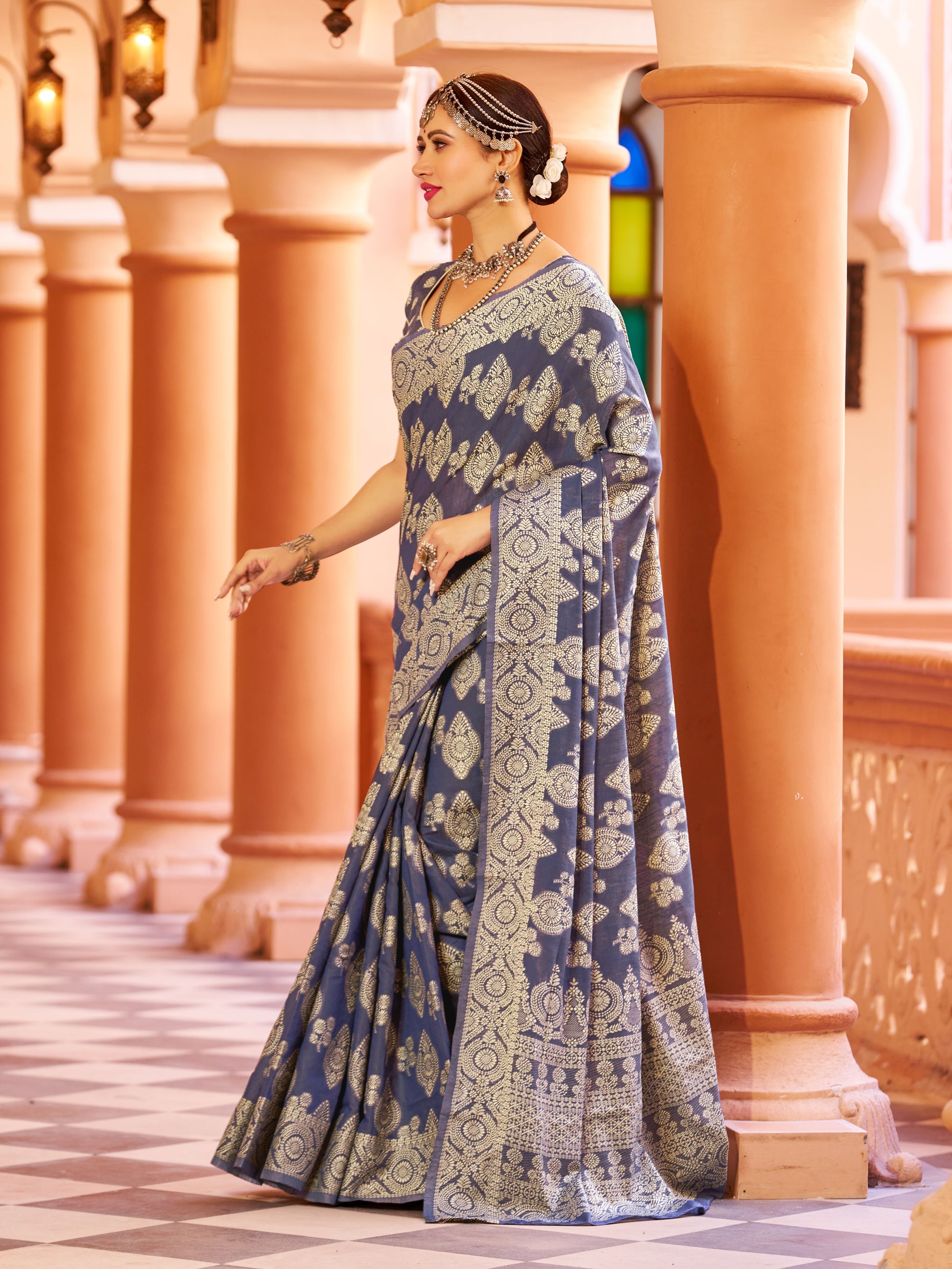 Light Blue Aakshi Lucknowi Cotton Silk Saree