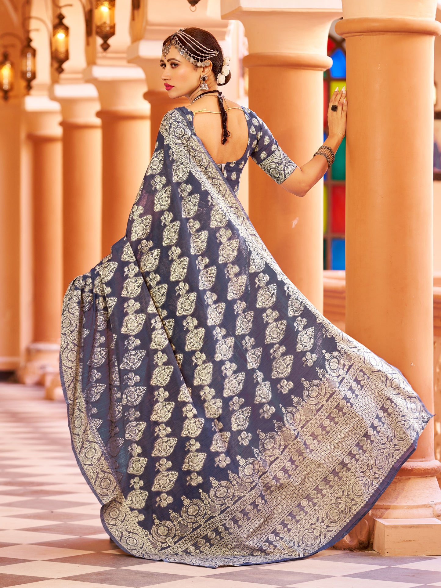 Light Blue Aakshi Lucknowi Cotton Silk Saree