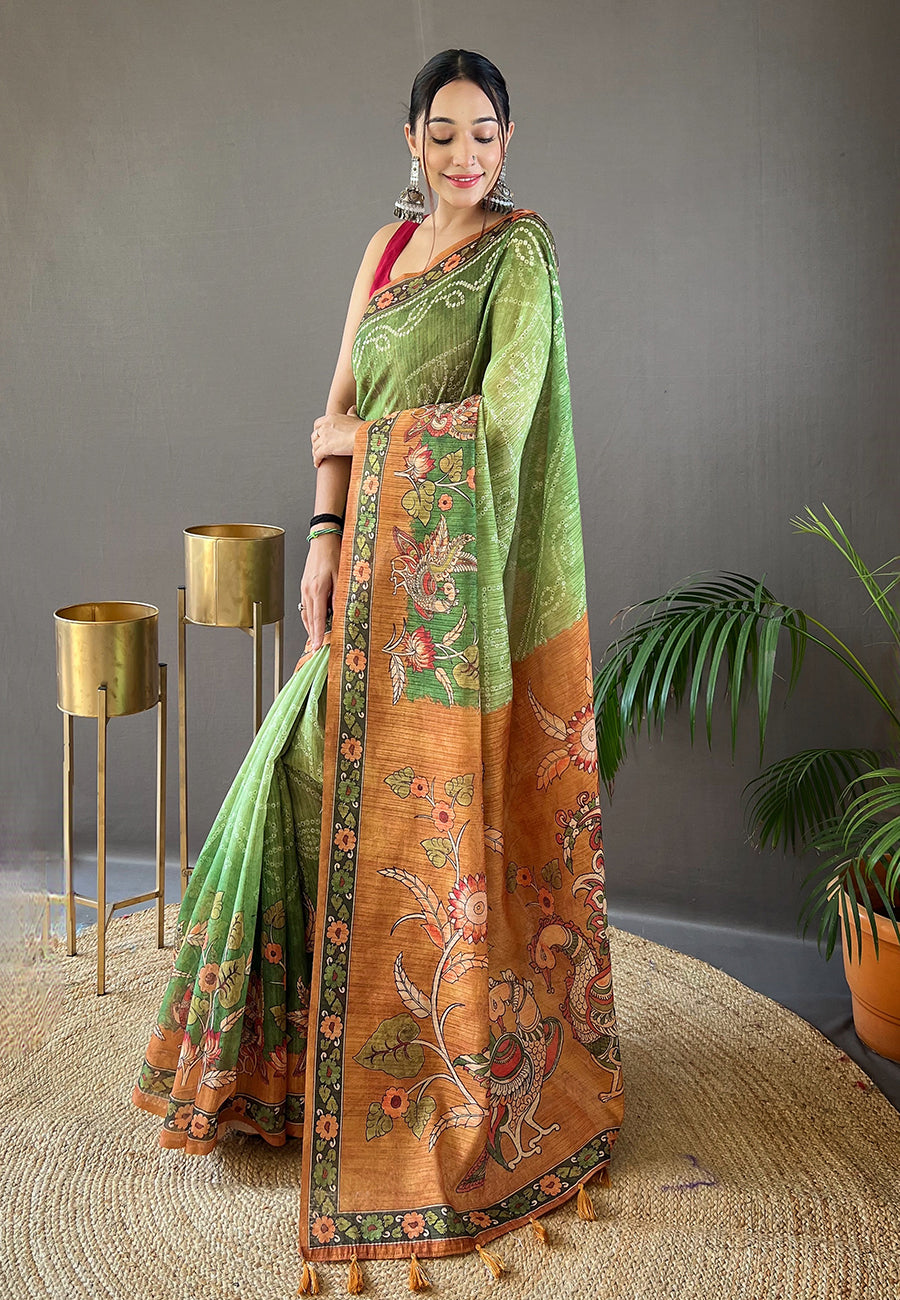 Bhargavi Green Cotton Kalamkari Printed Saree