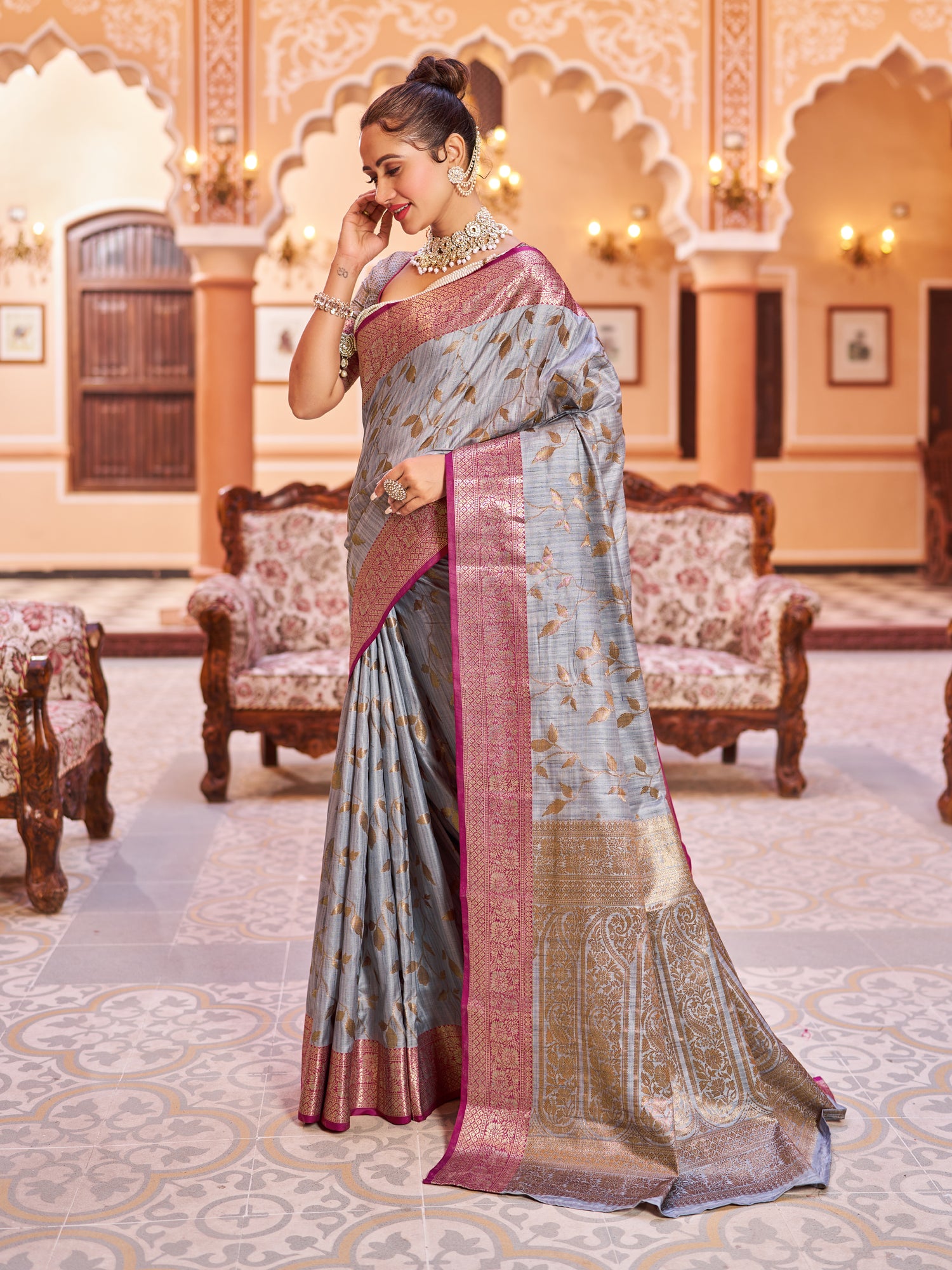 Grey Soha Banarasi Silk Saree