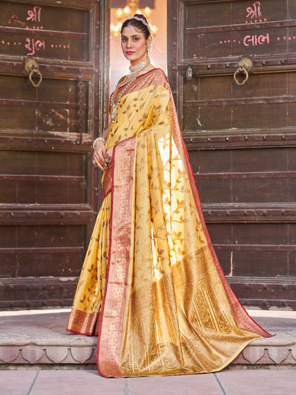 Yellow Soha Banarasi Silk Saree