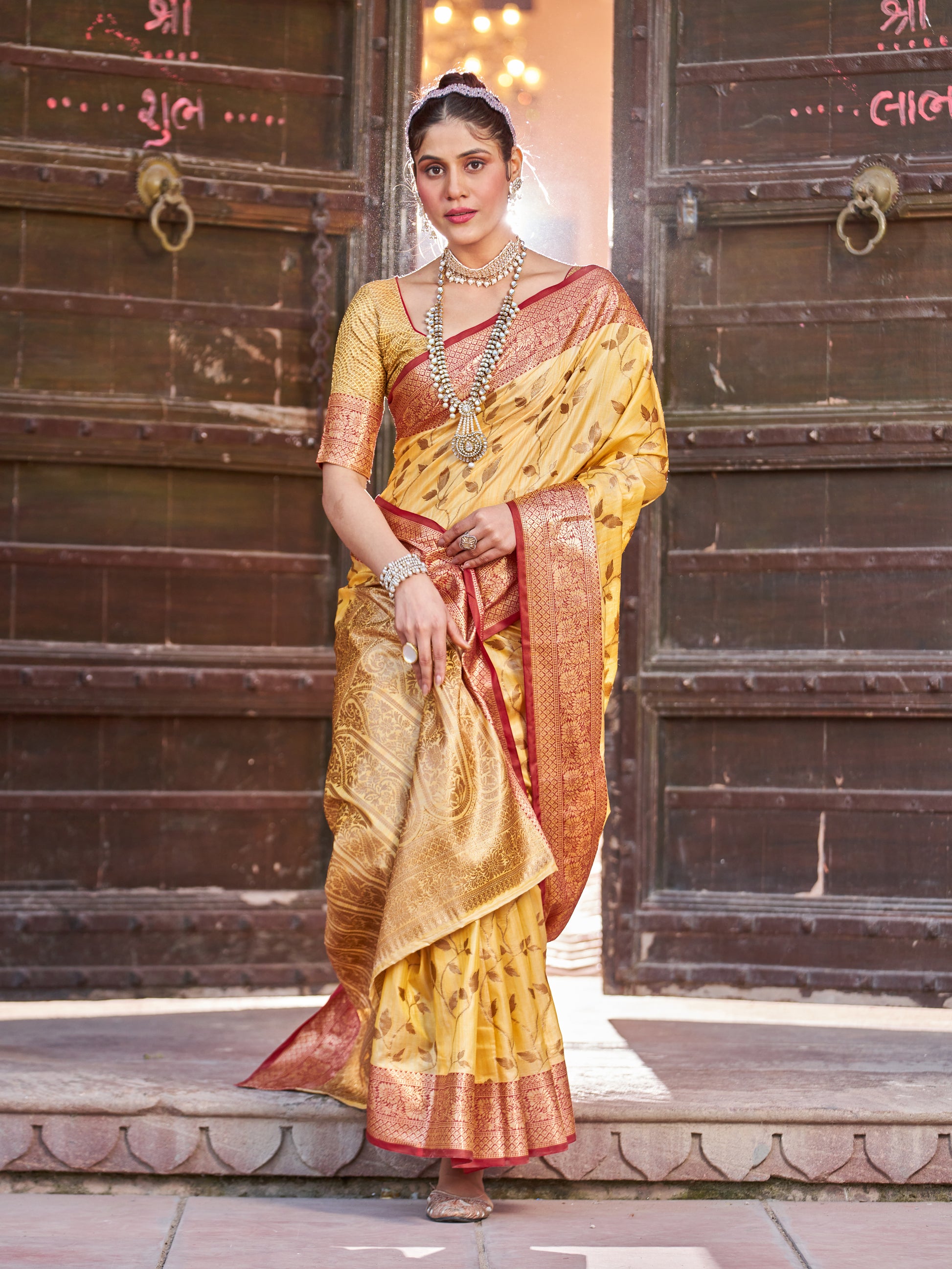 Yellow Soha Banarasi Silk Saree