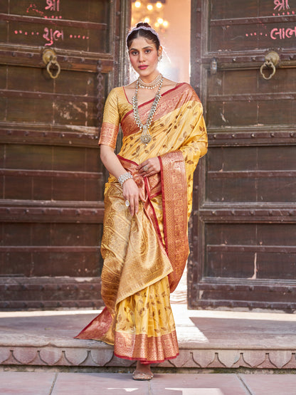 Yellow Soha Banarasi Silk Saree