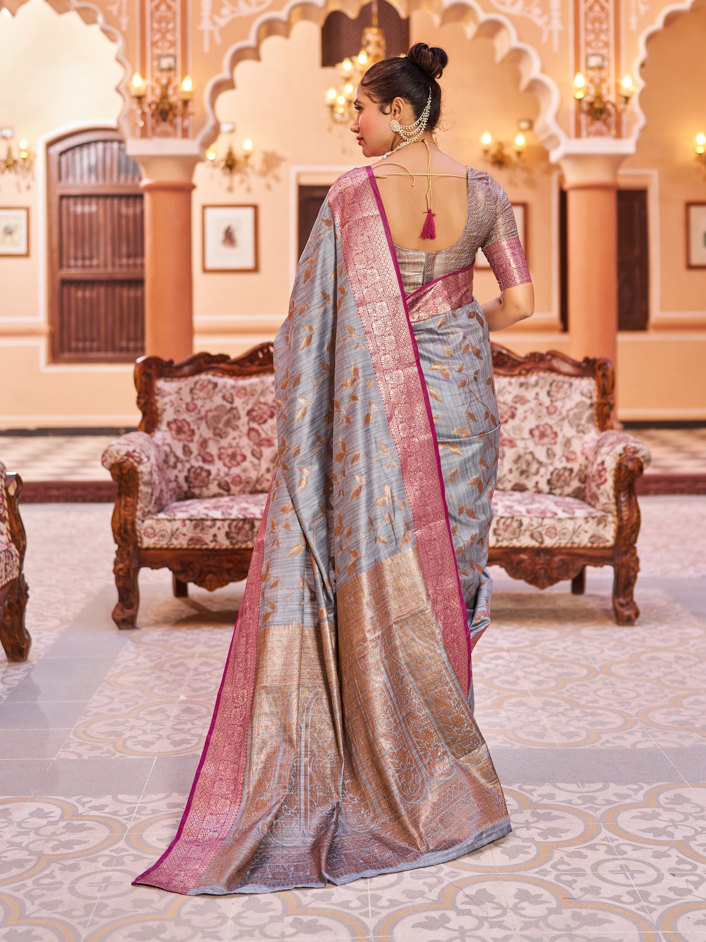 Grey Soha Banarasi Silk Saree