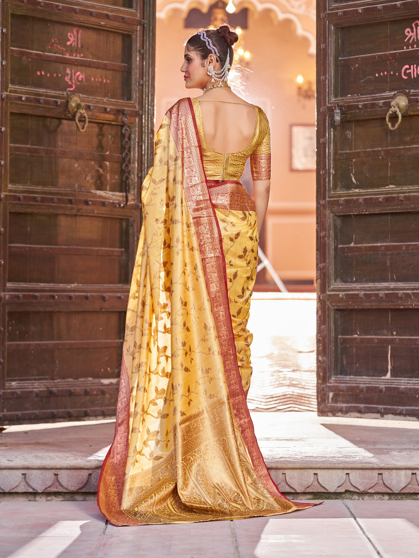 Yellow Soha Banarasi Silk Saree