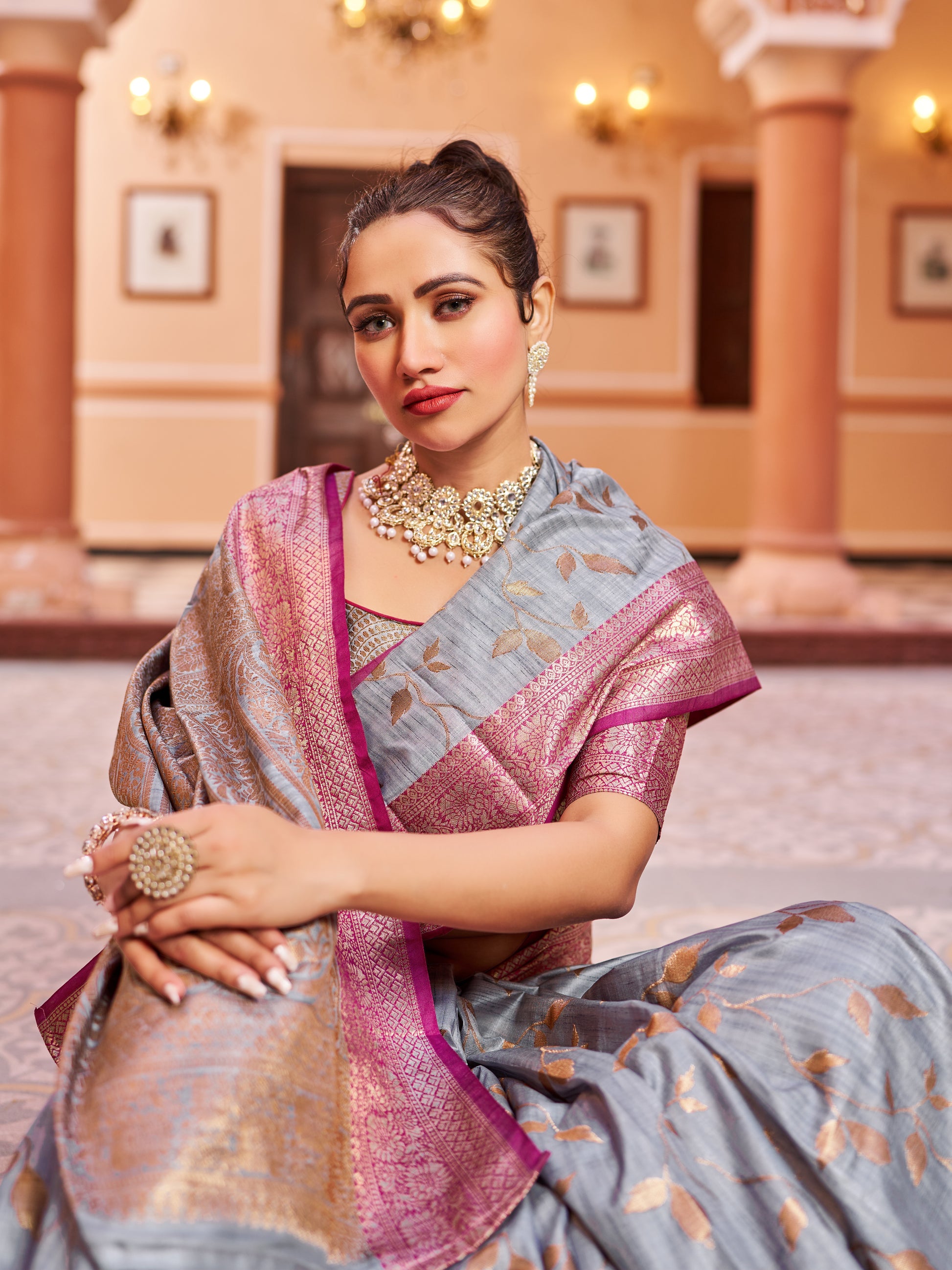 Grey Soha Banarasi Silk Saree