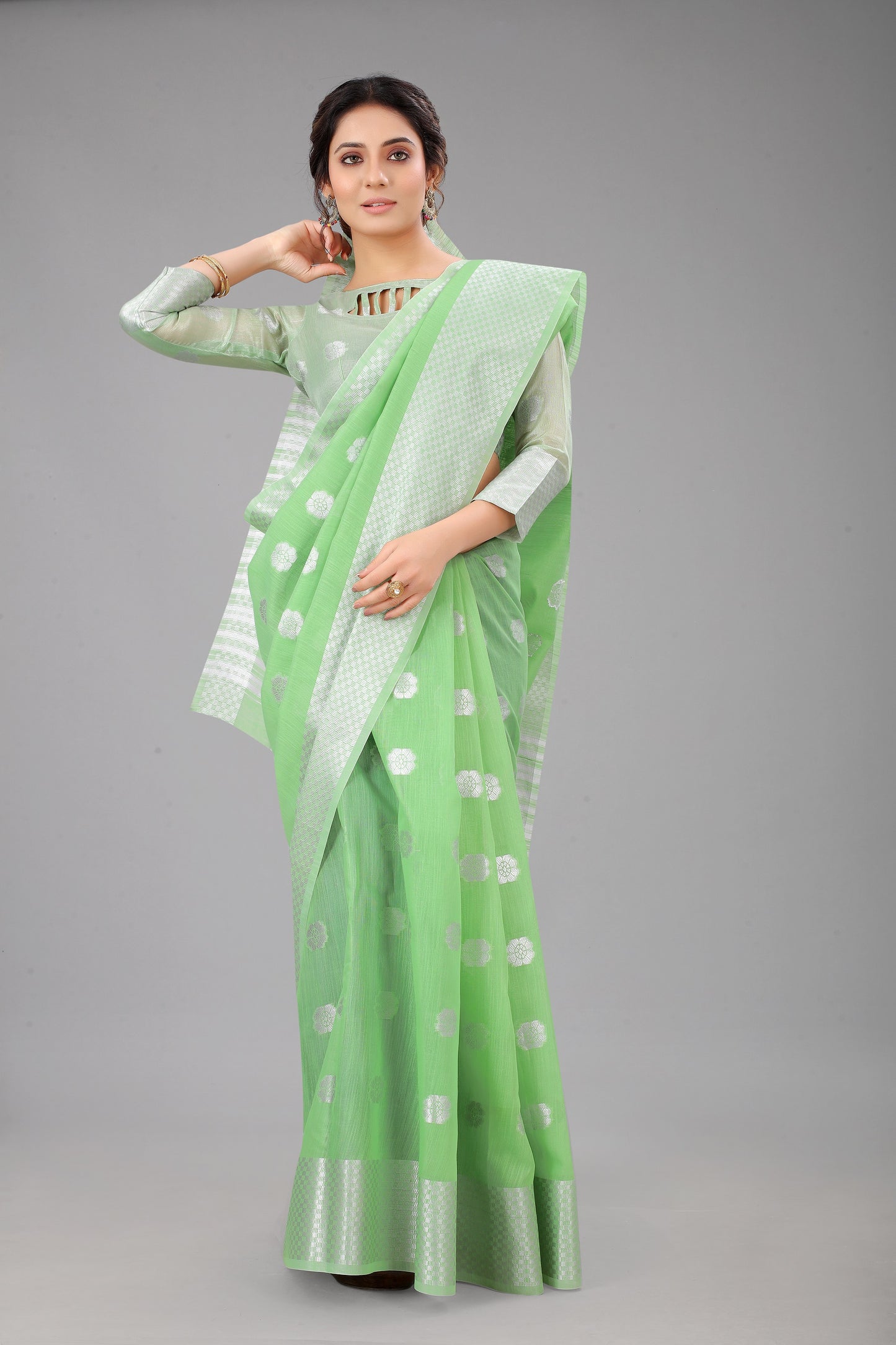 Vintyasperrot-Colored Cotton Silk Saree Set Complete with Matching Blouse